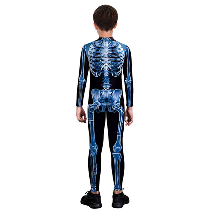 "Sexig dam Halloween bodysuit med dödskalletryck och figurnära passform, reaktiv i UV-ljus, bekvämt lycratyg."