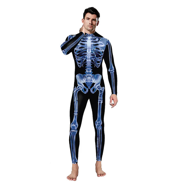 "Sexig dam Halloween bodysuit med dödskalletryck och figurnära passform, reaktiv i UV-ljus, bekvämt lycratyg."