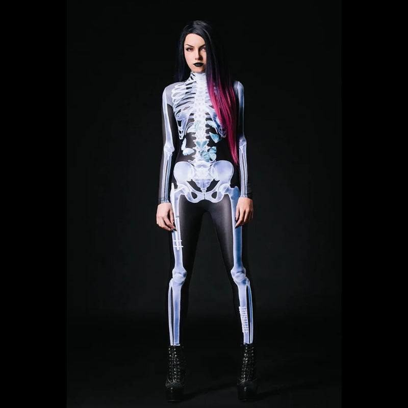 "Sexig dam Halloween bodysuit med dödskalletryck och figurnära passform, reaktiv i UV-ljus, bekvämt lycratyg."
