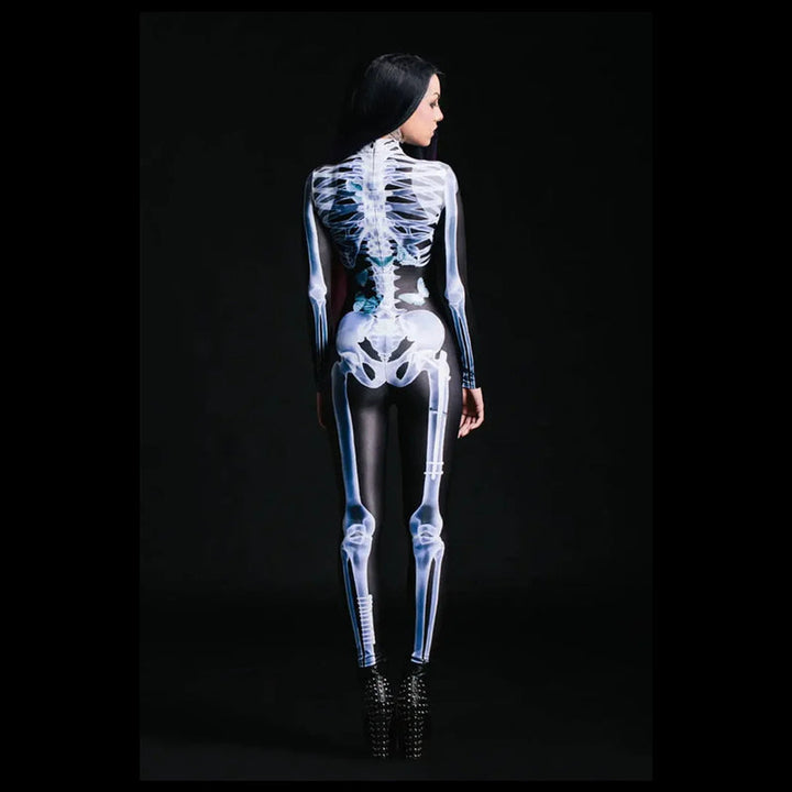 "Sexig dam Halloween bodysuit med dödskalletryck och figurnära passform, reaktiv i UV-ljus, bekvämt lycratyg."