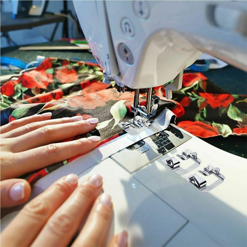 "Sfäriska symaskinsfötter set av rostfritt stål, 3 storlekar, perfekt för jämna fållar på diverse tyger."