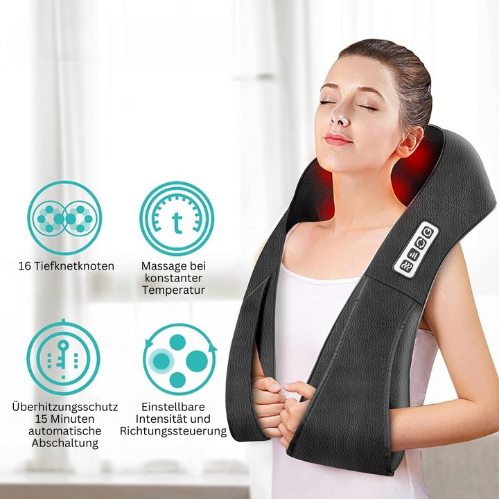 Kompakt shiatsu massagekudde med värme för avkoppling. Lindrar muskelvärk i nacke, rygg och kropp.