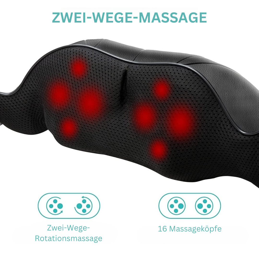 Bärbar shiatsu massagekudde för nacke och rygg. Erbjuder infraröd värme och avkoppling mot muskelvärk.