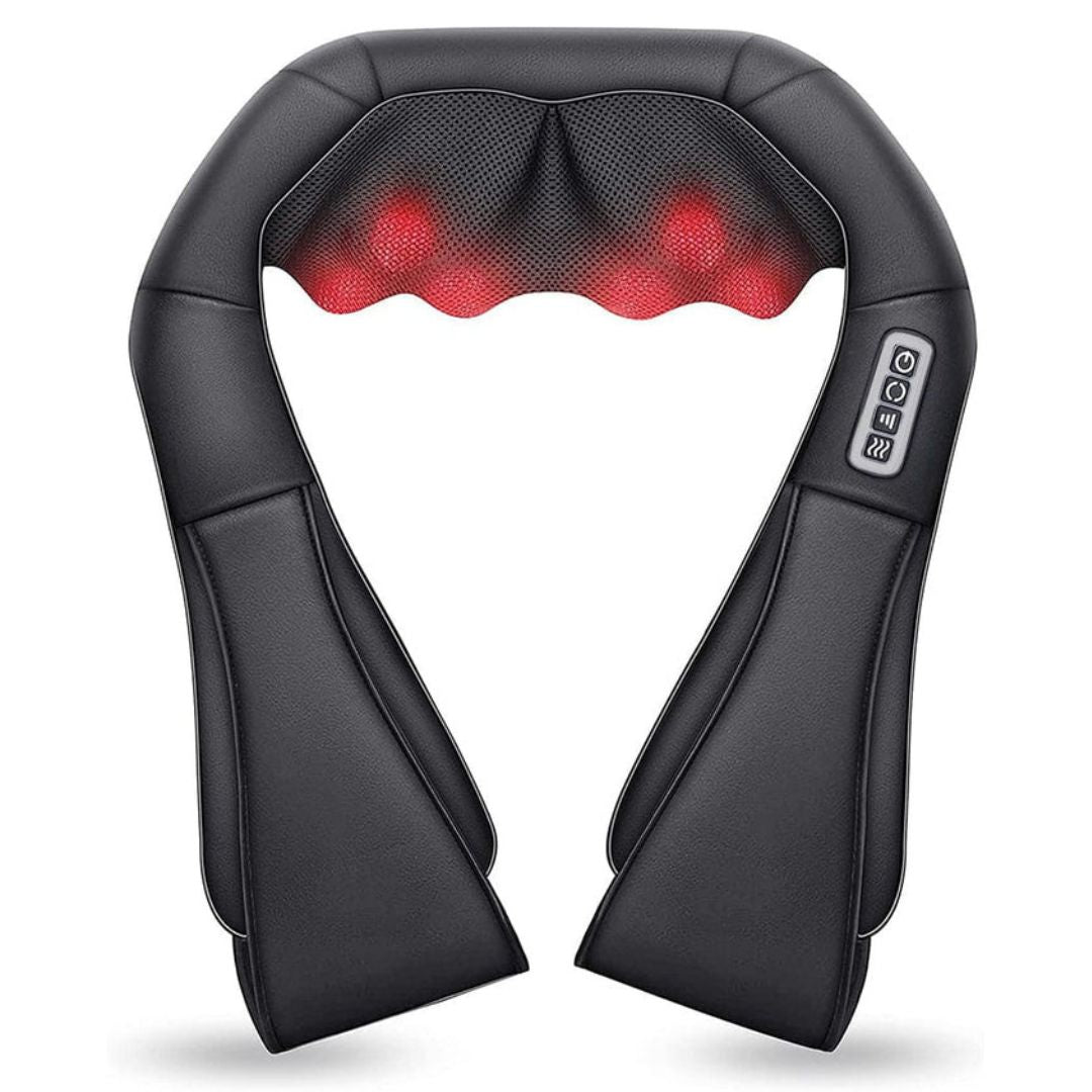 Shiatsu nack- och ryggmassager med värme för djup avslappning och smärtlindring av trötta muskler.