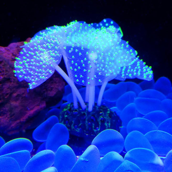 "Silikon glödande akvarium korall i fluorescerande färger, realistiskt och flexibelt, perfekt dekoration för fiskakvarium."