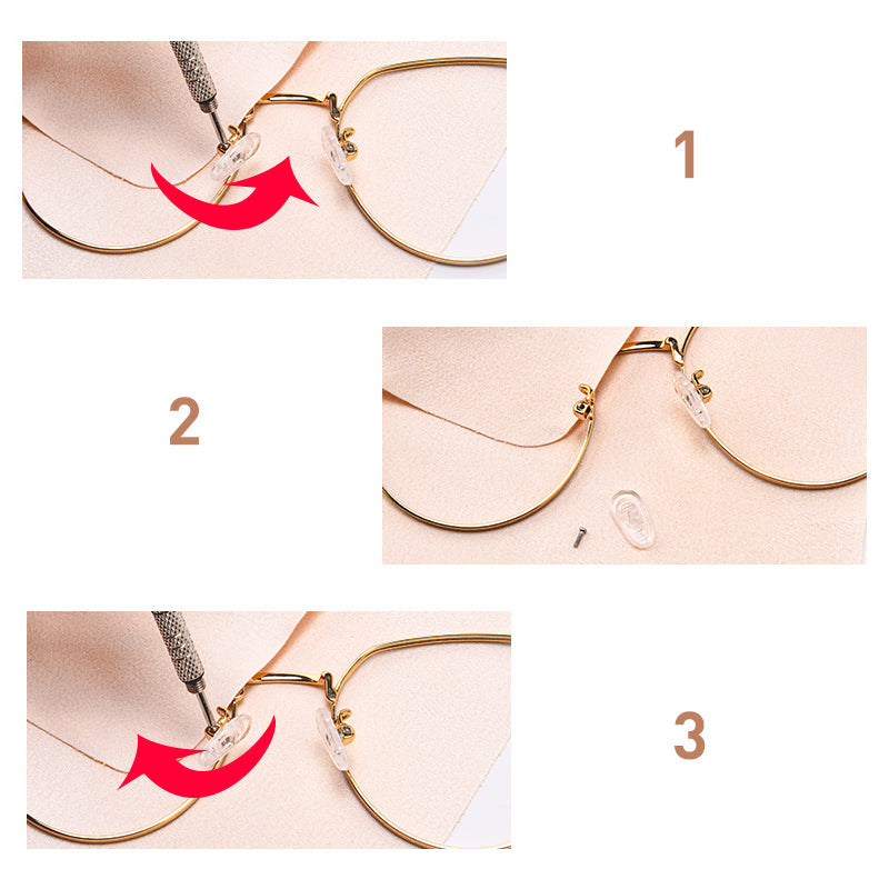 "Silikon näskyddsset: mjuka genomskinliga kuddar med plastfodral, idealisk för komfortabel glasögonanvändning."