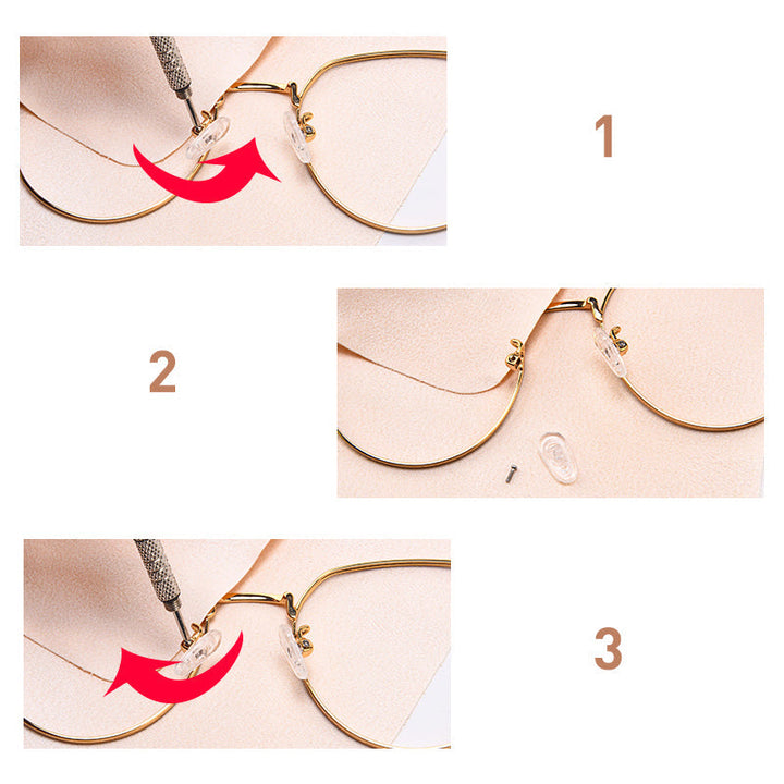 "Silikon näskyddsset: mjuka genomskinliga kuddar med plastfodral, idealisk för komfortabel glasögonanvändning."