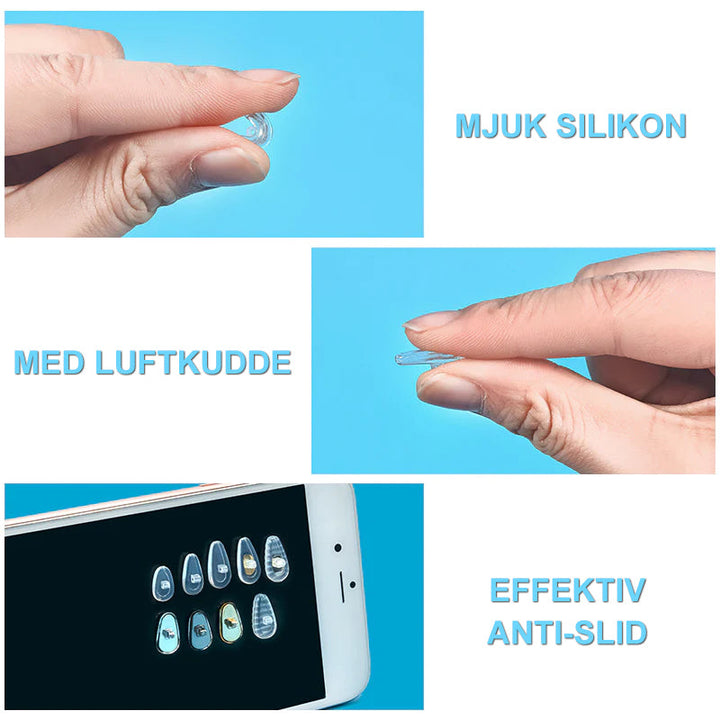 "Silikon näskyddsset: mjuka genomskinliga kuddar med plastfodral, idealisk för komfortabel glasögonanvändning."