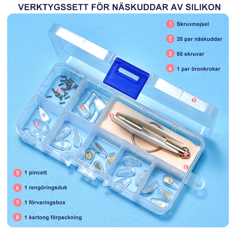 "Silikon näskyddsset: mjuka genomskinliga kuddar med plastfodral, idealisk för komfortabel glasögonanvändning."