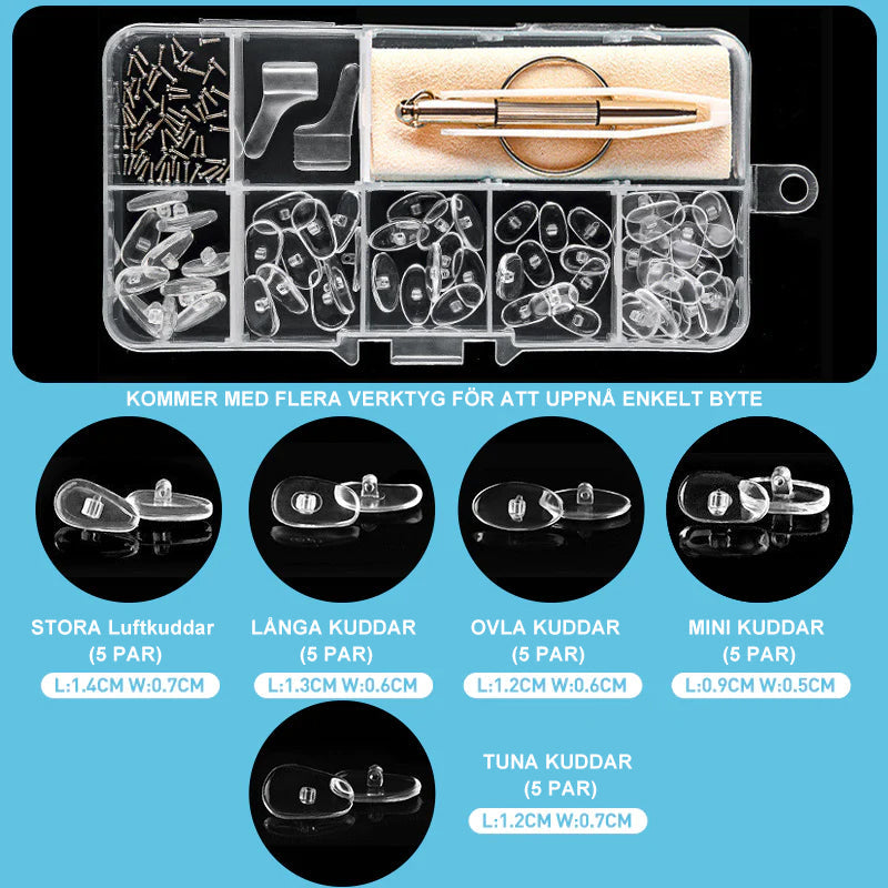 "Silikon näskyddsset: mjuka genomskinliga kuddar med plastfodral, idealisk för komfortabel glasögonanvändning."