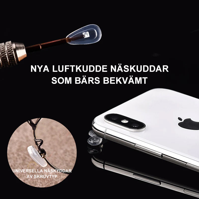 "Silikon näskyddsset: mjuka genomskinliga kuddar med plastfodral, idealisk för komfortabel glasögonanvändning."