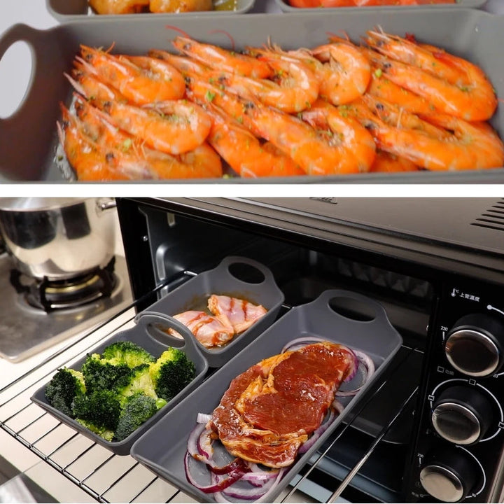 Silikonbakplåtspann med avdelare och handtag, non-stick, värmetålig, perfekt för effektiv och bekväm matlagning.