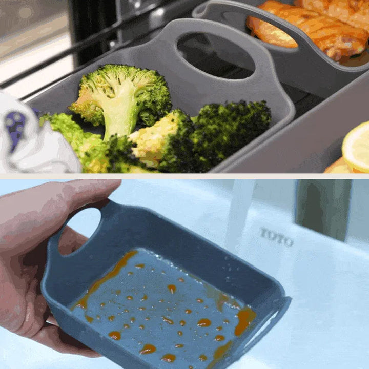 Silikonbakplåtspann med avdelare och handtag, non-stick, värmetålig, perfekt för effektiv och bekväm matlagning.