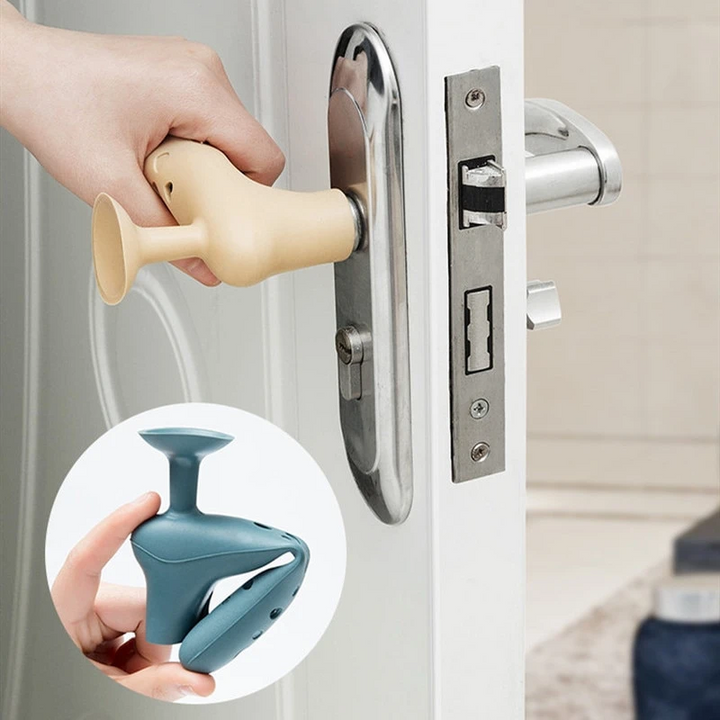 "Silikonskydd för barnsäkra dörrhandtag i blått, gult och grått, skyddar barn från stötar, flexibel och lätt att installera."