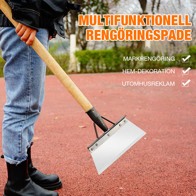 "Silver ergonomisk multifunktionell rengöringsskyffel för utomhusbruk, med rostfritt stål och anpassningsbart handtag."