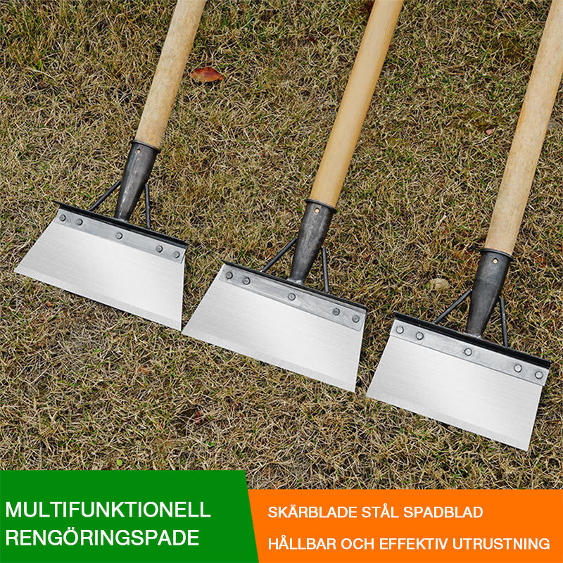 "Silver ergonomisk multifunktionell rengöringsskyffel för utomhusbruk, med rostfritt stål och anpassningsbart handtag."