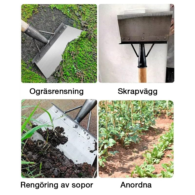 "Silver ergonomisk multifunktionell rengöringsskyffel för utomhusbruk, med rostfritt stål och anpassningsbart handtag."