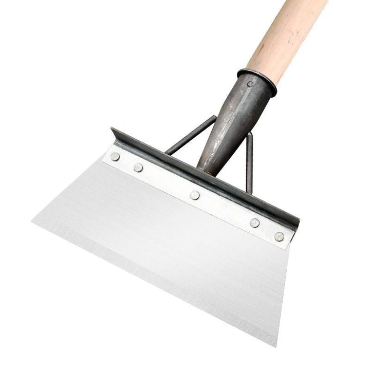 "Silver ergonomisk multifunktionell rengöringsskyffel för utomhusbruk, med rostfritt stål och anpassningsbart handtag."
