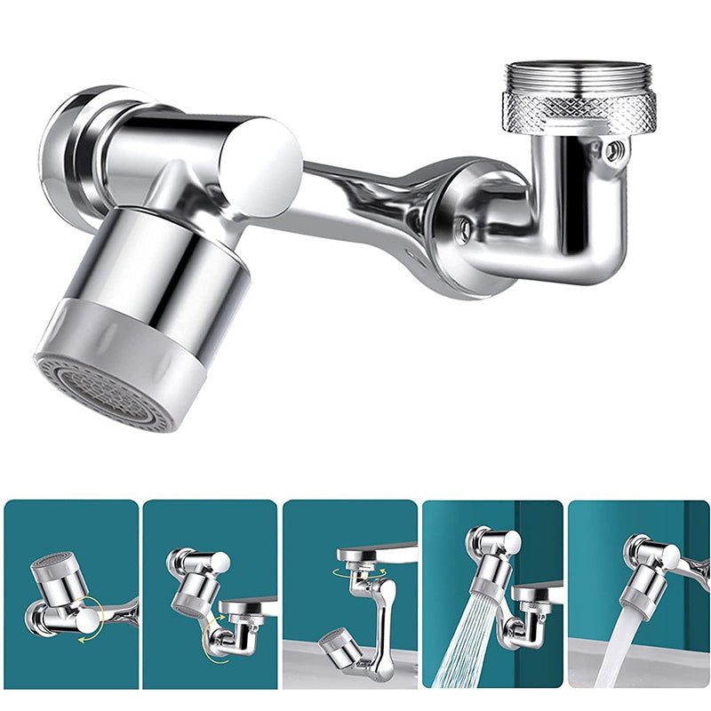 "Silverfärgat roterande kökshandfat kranmunstycke med 1080° rotation och dubbla vattenspraylägen, modern design."