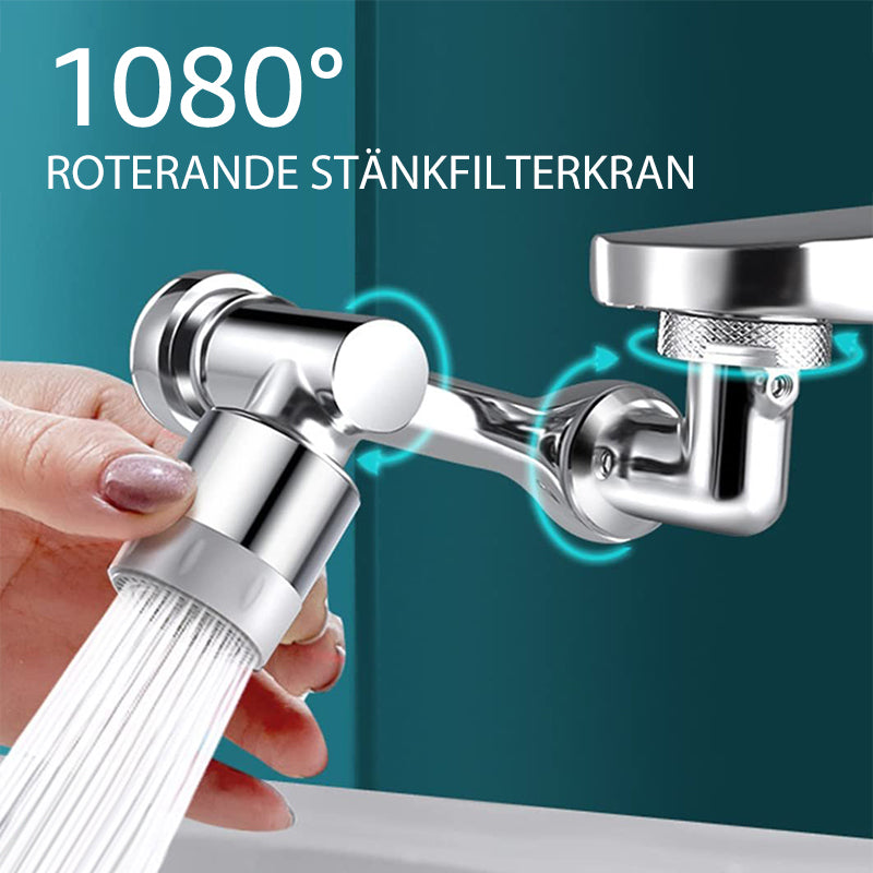 "Silverfärgat roterande kökshandfat kranmunstycke med 1080° rotation och dubbla vattenspraylägen, modern design."