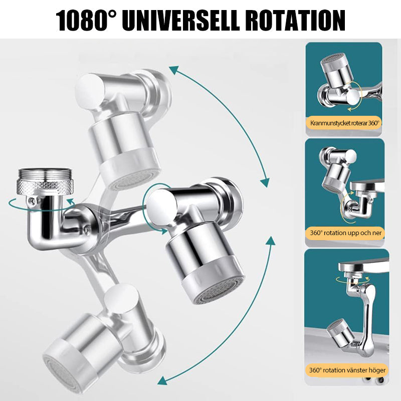 "Silverfärgat roterande kökshandfat kranmunstycke med 1080° rotation och dubbla vattenspraylägen, modern design."