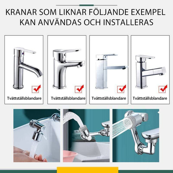 "Silverfärgat roterande kökshandfat kranmunstycke med 1080° rotation och dubbla vattenspraylägen, modern design."