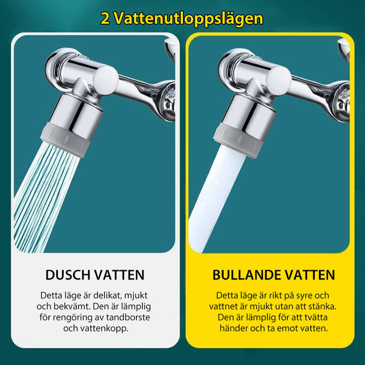 "Silverfärgat roterande kökshandfat kranmunstycke med 1080° rotation och dubbla vattenspraylägen, modern design."