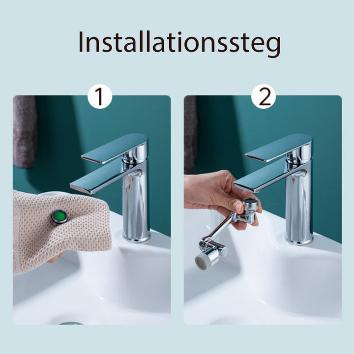 "Silverfärgat roterande kökshandfat kranmunstycke med 1080° rotation och dubbla vattenspraylägen, modern design."