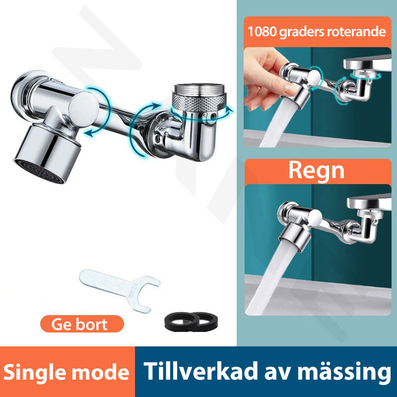 "Silverfärgat roterande kökshandfat kranmunstycke med 1080° rotation och dubbla vattenspraylägen, modern design."