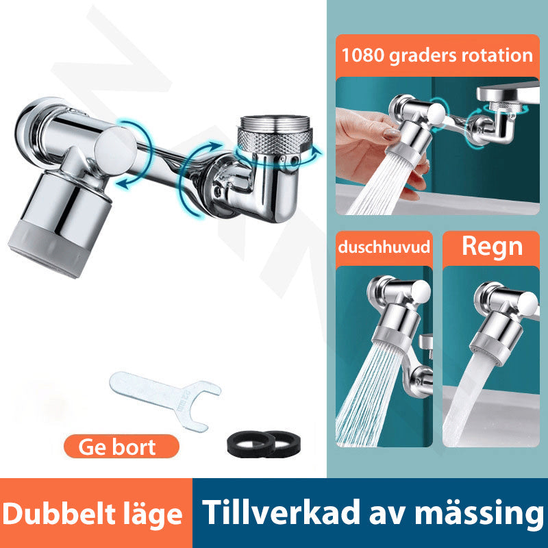"Silverfärgat roterande kökshandfat kranmunstycke med 1080° rotation och dubbla vattenspraylägen, modern design."