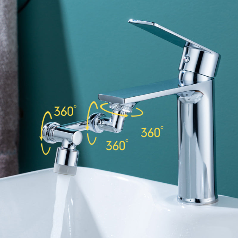 "Silverfärgat roterande kökshandfat kranmunstycke med 1080° rotation och dubbla vattenspraylägen, modern design."