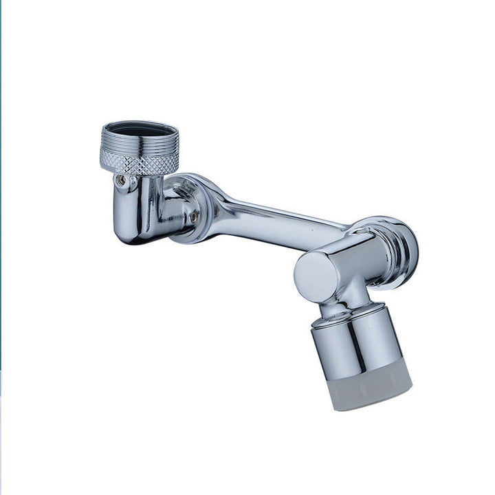 "Silverfärgat roterande kökshandfat kranmunstycke med 1080° rotation och dubbla vattenspraylägen, modern design."