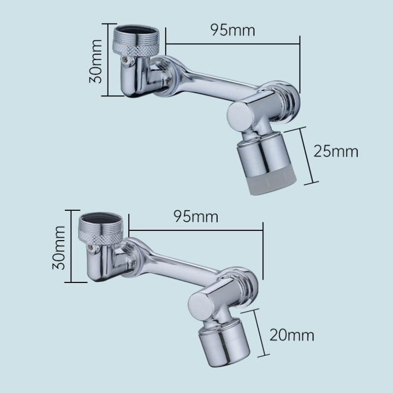"Silverfärgat roterande kökshandfat kranmunstycke med 1080° rotation och dubbla vattenspraylägen, modern design."