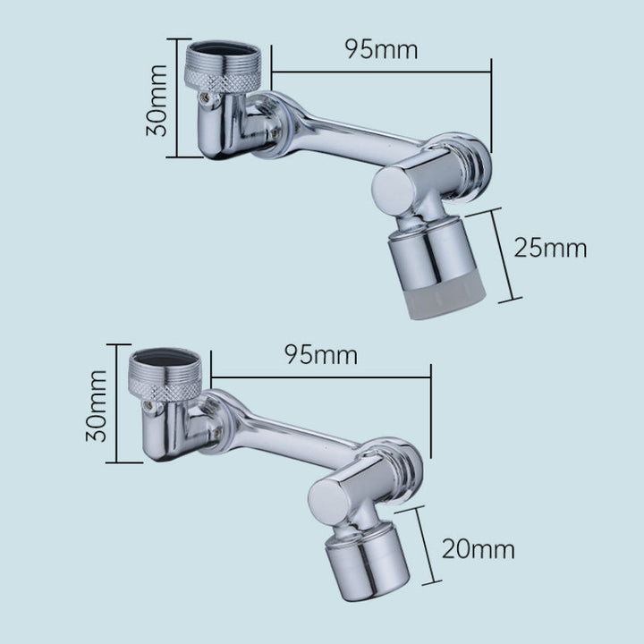 "Silverfärgat roterande kökshandfat kranmunstycke med 1080° rotation och dubbla vattenspraylägen, modern design."