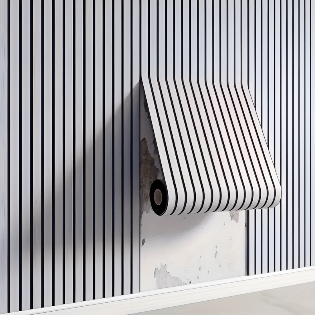 Detaljbild av 3D träkompositpaneler. Självhäftande väggdekor ger ett modernt uttryck för sovrum/kontor.