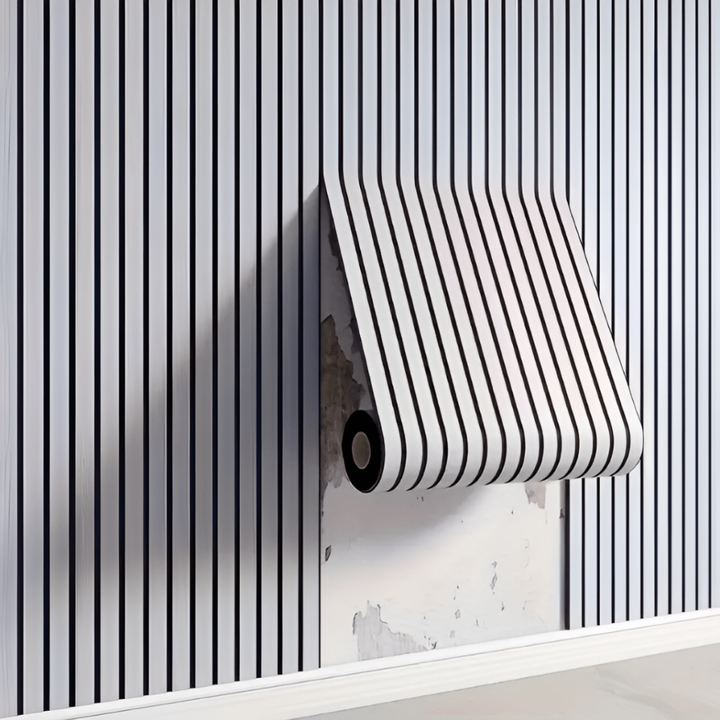 Detaljbild av 3D träkompositpaneler. Självhäftande väggdekor ger ett modernt uttryck för sovrum/kontor.