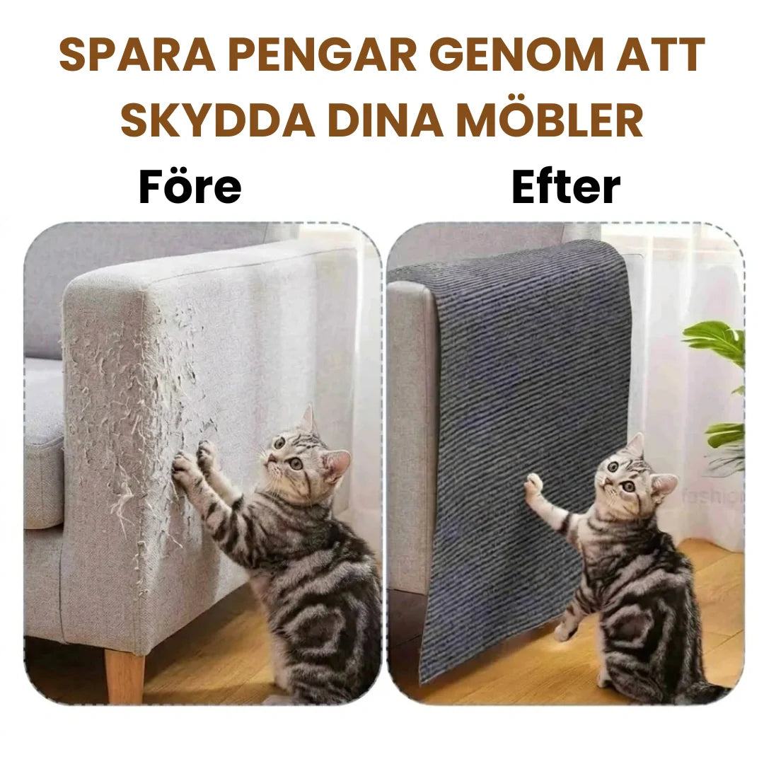Självhäftande klösbräda fäst på soffhörn. Ett praktiskt kattmöbelskydd för stilren inredning.