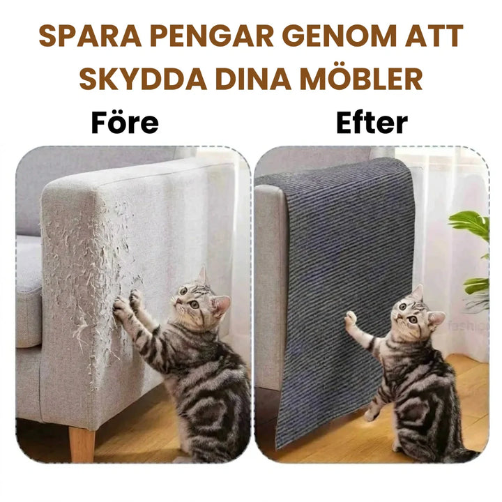 Självhäftande klösbräda fäst på soffhörn. Ett praktiskt kattmöbelskydd för stilren inredning.