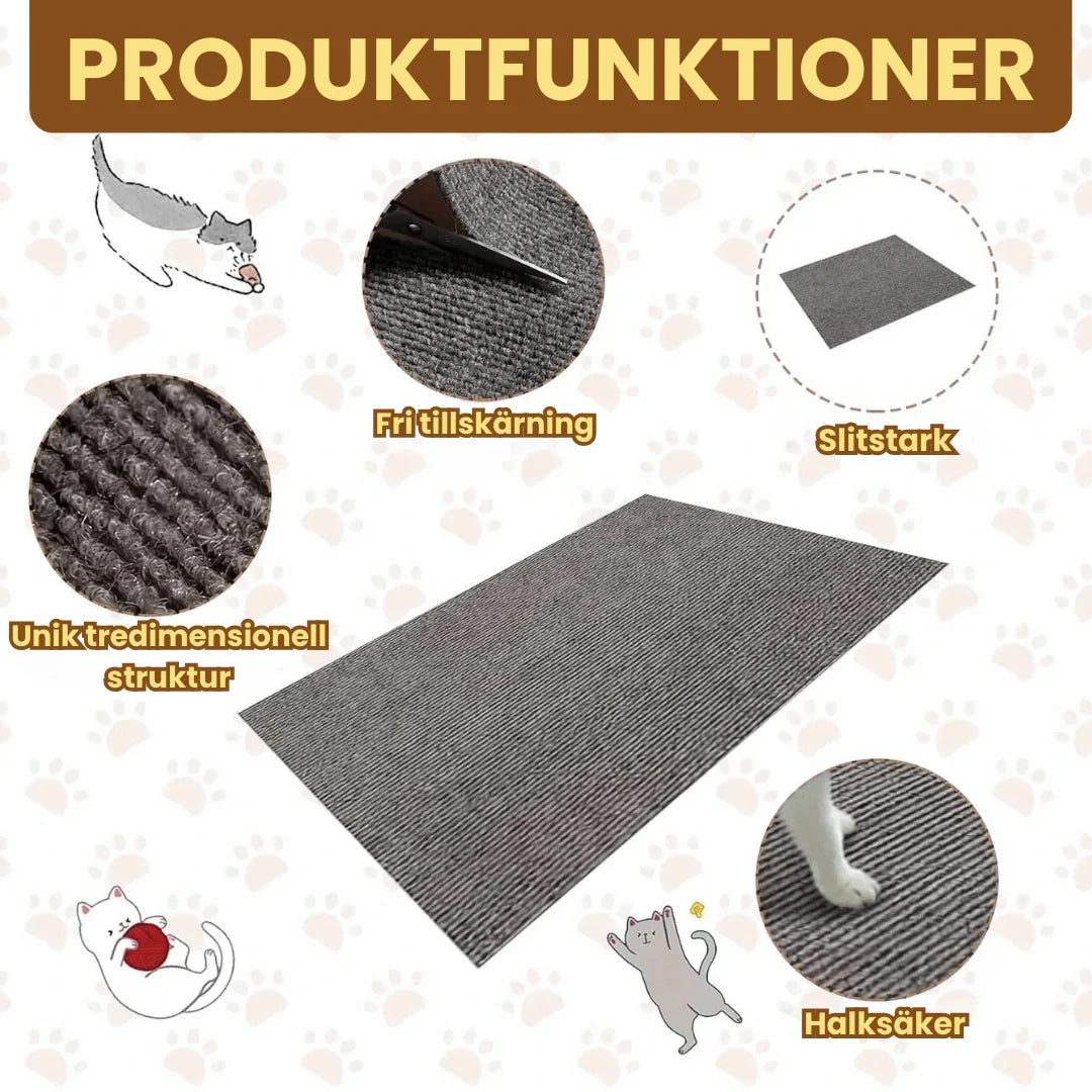 Närbild av robust klösmatta, självhäftande design. Perfekt för kattens klövård och möbelskydd.