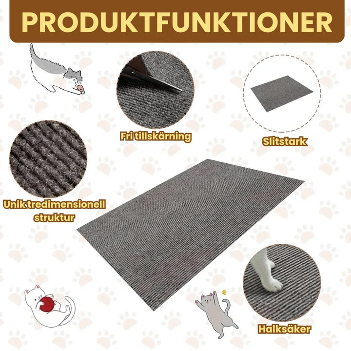 Närbild av robust klösmatta, självhäftande design. Perfekt för kattens klövård och möbelskydd.