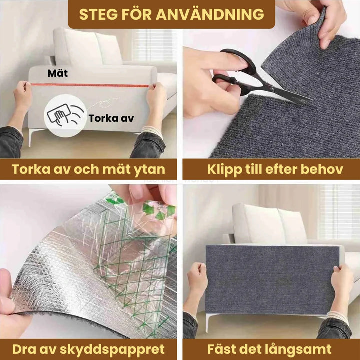 Enkel att montera självhäftande klösmatta på stolsben eller soffhörn. Idealisk klösyta för att skydda hemmet.