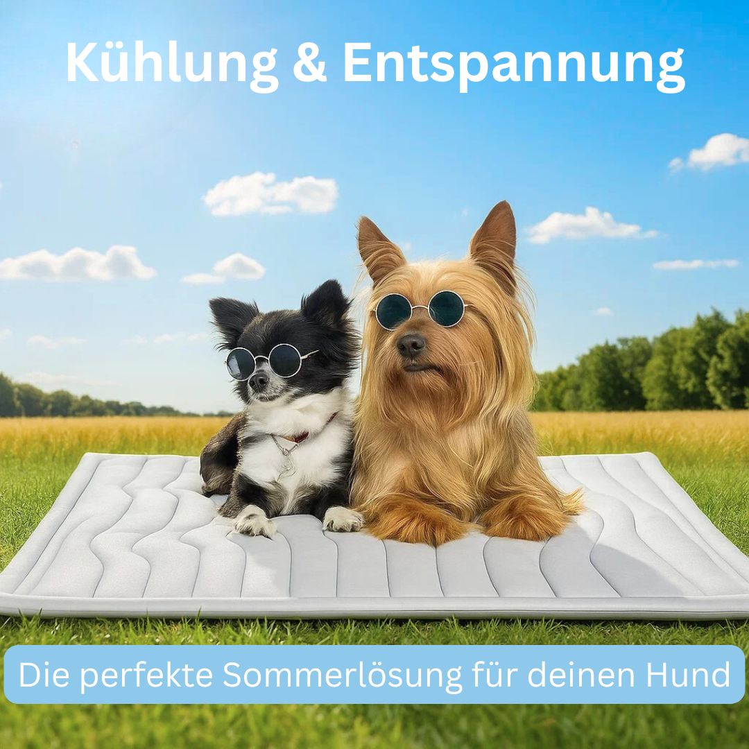Kylmatta för hund på terrass: Perfekt för sommarvärme, hjälper hunden att hålla sig sval utomhus.