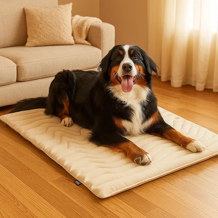 Glad hund vilar på svalkande hundmatta: Främjar välbefinnande och minskar överhettning effektivt.