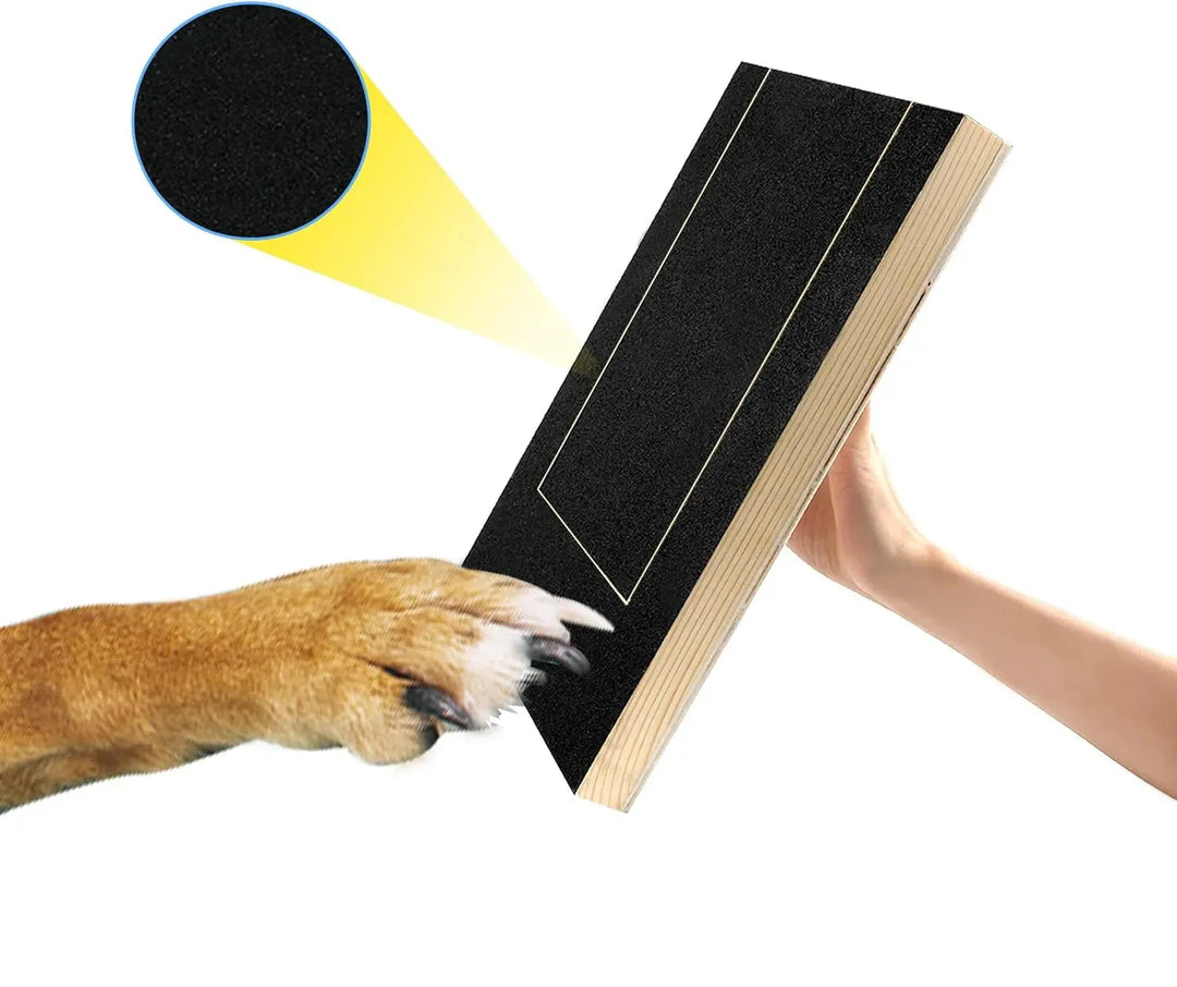 Hund använder självslipande klösbräda i bambu för naturlig och stressfri klovård genom lek.
