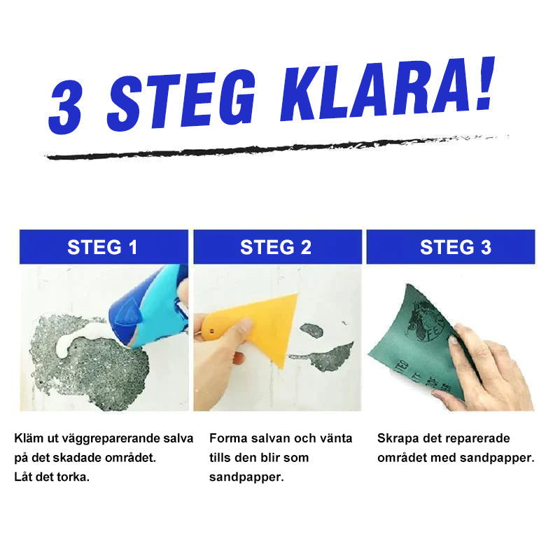 "Självfyllande väggreparationsmedel, vit salva för snabb lagning av inomhus- och utomhusytor, bilden visar produktens konsist