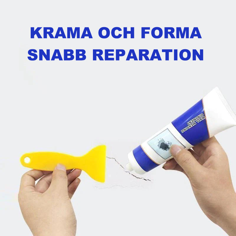 "Självfyllande väggreparationsmedel, vit salva för snabb lagning av inomhus- och utomhusytor, bilden visar produktens konsist