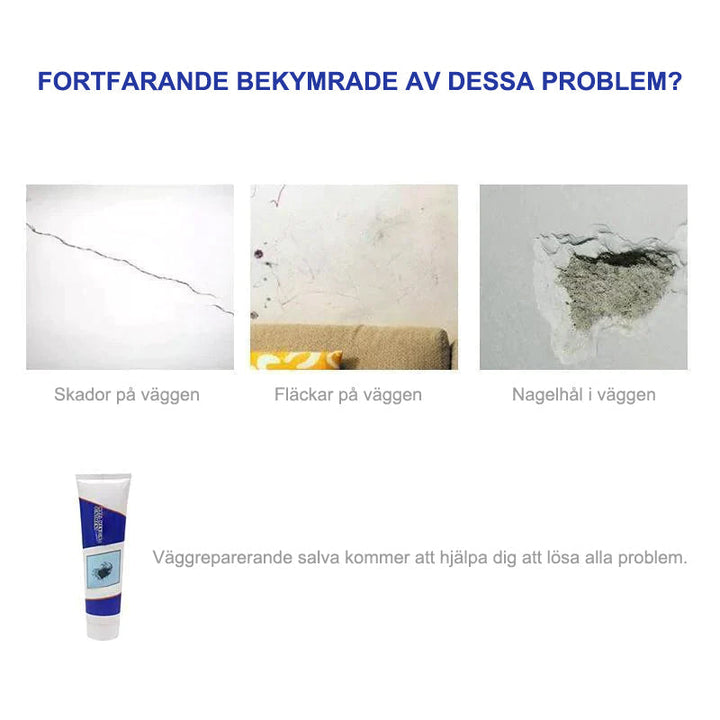 "Självfyllande väggreparationsmedel, vit salva för snabb lagning av inomhus- och utomhusytor, bilden visar produktens konsist