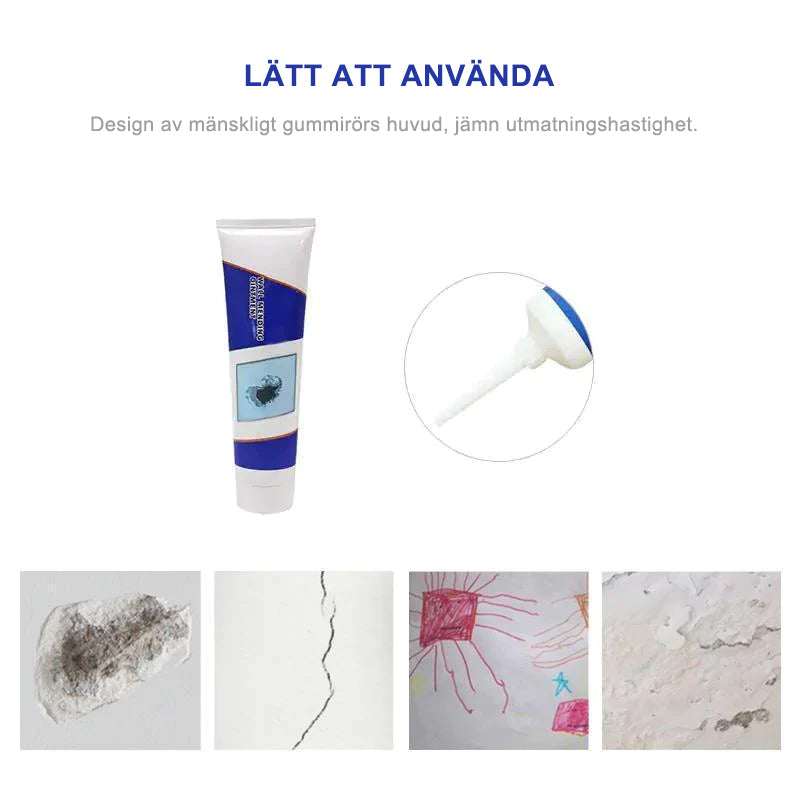 "Självfyllande väggreparationsmedel, vit salva för snabb lagning av inomhus- och utomhusytor, bilden visar produktens konsist
