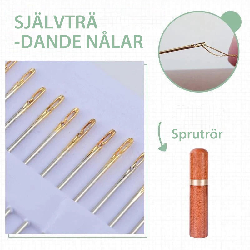 "Självgängande synålar i guld och silver, perfekta för sömnad på läder och siden, set med 12 st varierande storlekar."