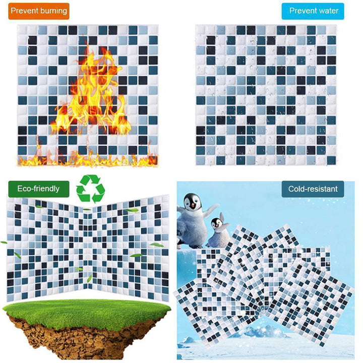 "Självhäftande 3D Mosaik Dekorplast för kök/badrum, realistisk mosaikdesign med 3D-effekt, enkel installation."